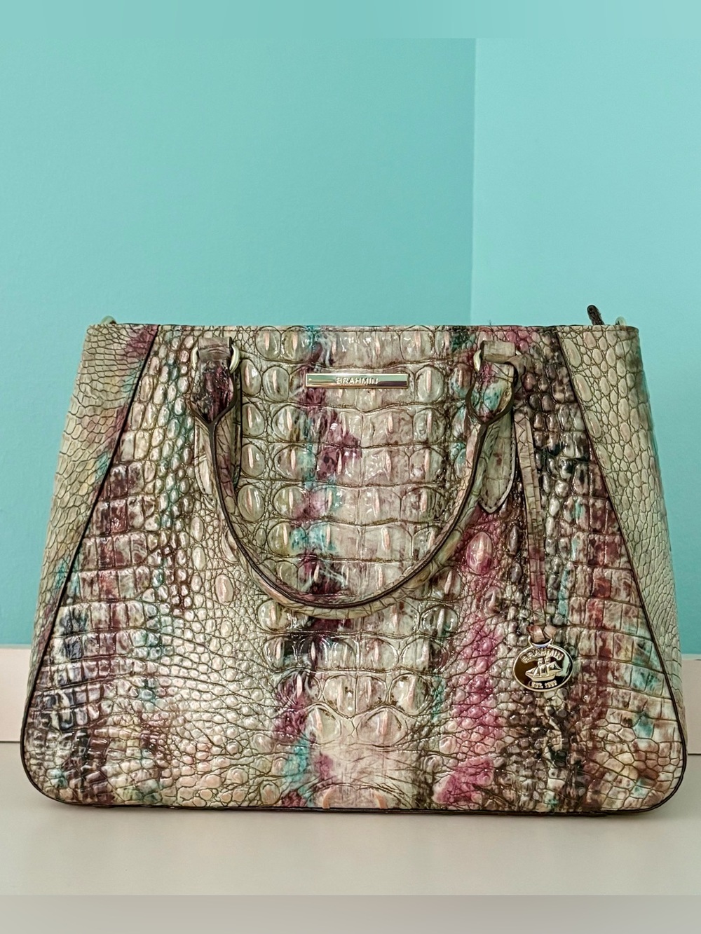 Brahmin Amethyst Small Irene Croc-Embossed Leather Tote in Cream, Pink & Teal